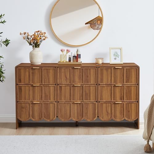 9 Drawer Dresser for Bedroom, Modern Chest of Scalloped Drawer, Walnut