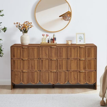 9 Drawer Dresser for Bedroom, Modern Chest of Scalloped Drawer, Walnut