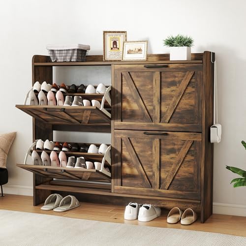 Shoe Storage Cabinet with 4 Flip Drawers, Freestanding Shoe Cabinet with Wooden Legs, Farmhouse Shoe Rack Cabinet for Entryway, Hallway, Rustic Brown