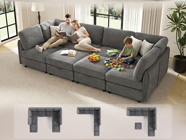 KKL 123" Modular Sectional Sofa Bed with Storage Ottoman, Convertible L/U/J-Shaped Sleeper Couch Plush Wide-Wale Corduroy for Living Room, Apartment, Modern Design, Gray