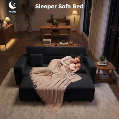 87" Modular Sectional Sofa with Pull Out Bed, Sectional Sleeper Sofa with Adjustable Headrest, Hidden Cup Holder, Storage Arm & Chaise, 4-Seater L Shaped Convertible Couch Bed for Living Room, Black