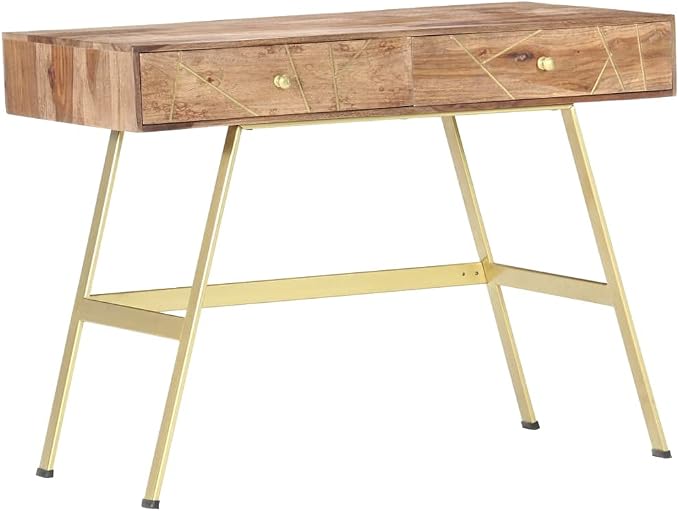 vidaXL Writing Desk, Computer Desk with Storage Drawers, Console Table with Steel Legs for Living Room Hallway, Modern Style, Solid Acacia Wood