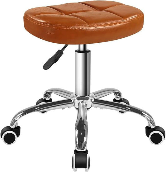 BFTOU 6-Square Lattice PU Swivel Stool with Wheel for Work SPA Shop Massage Height-Adjustable and Cost-Effective Rolling Stool Chair (Brown)