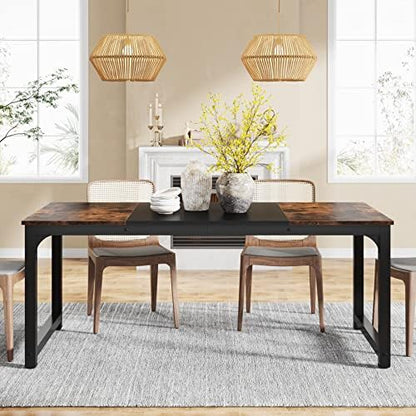 LITTLE TREE 70.9 Inch Large Dining Table Rectangular Kitchen Furniture for 6 to 8 People, Brown+Black