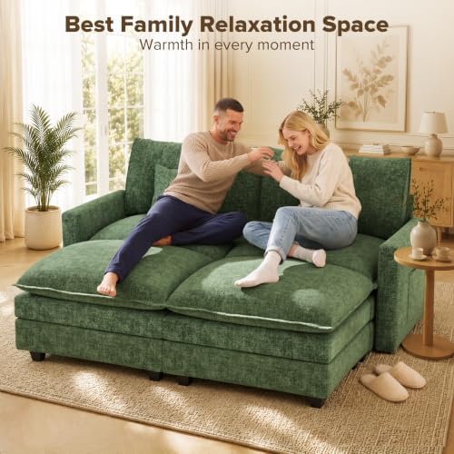 74 Inch Cloud Couch Sectional, Modular Sectional Sofa with 2 Ottoman, Green