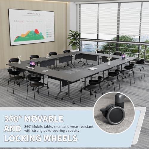 Folding Conference Table, Conference Room Tables with Wheels Foldable Large Rectangle Meeting Seminar Table for 6-12 People, Flip Top Mobile Training Table for Office Classr (6, Black, 55.1in)