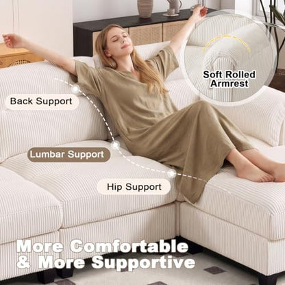 HAOMARKETS 115" Modular Sectional Sofa Couch with 3 Movable Ottoman, Oversized Corduroy L Shaped Couches with Rolled Arms, 10-Seater Corner Sofas with Reversible Chaises for Living Room, Beige