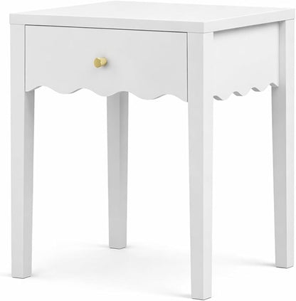 Nightstand with Drawer and Open Shelf, Scalloped Edge End Table for Sofa, Slim White Bedside Table for Girls Bedroom, Dorm, Coquette Preppy Room Decor
