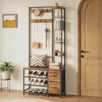 GiftGo Hall Tree with Shoe Storage 31.5" Entryway Coat Rack with 4 Shelves Floor Standing Clothes Rack Shoes Shelf Organizer for Home Office Bedroom