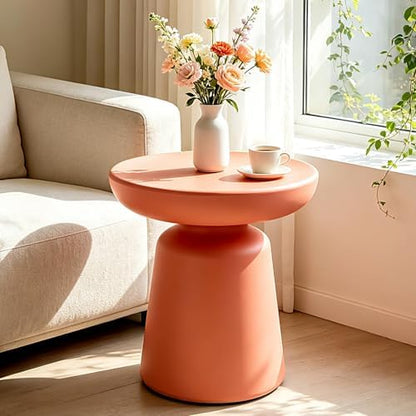 Modern Mushroom Round Side Table, 16" Dusty Pink PE Accent End Table, Waterproof Pedestal Small Coffee Table for Living Room Bedroom, No Assembly Indoor/Outdoor Nightstand