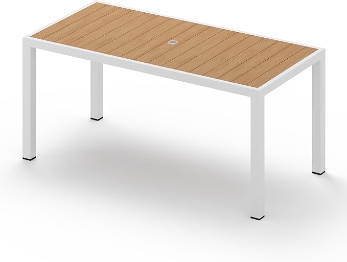 Outdoor Dining Table, Aluminum Patio Table Set, All Weather Patio Dining Furniture Set with Umbrella Hole for Backyard, Deck, Poolside (White-Teak)