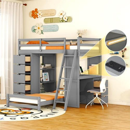 Twin Over Twin Bunk Bed with LED Light and USB Ports, Wood Bunk Bed with Desks, Bookshelves and 5 Drawers for Kids Teens Adults (Gray)