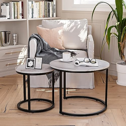 Smuxee White Nesting Coffee Table Set of 2, 23.6" Round Coffee Table Wood Grain Top with Adjustable Non-Slip Feet, Industrial End Table Side Tables for Living Room Bedroom Balcony Yard