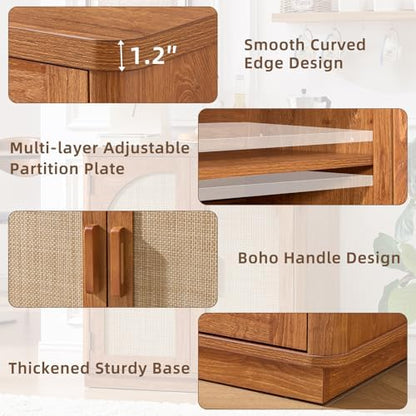 LEYAOYAO Rattan Sideboard Buffet Cabinet with Storage, 63" Coffee Bar Cabinet with 4 Arch Doors & Adjustable Shelves, Wood Console Cabinet, Boho Credenza for Living Room, Kitchen, Brown