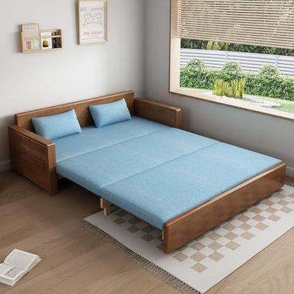 71" Blue 3-in-1 Queen Sectional Sleeper Sofa w/Rev Chaise, Walnut Wooden