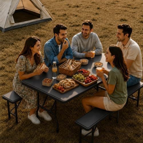 6FT Folding Picnic Table Set with 2 Benches, Heavy Duty Resin, Black