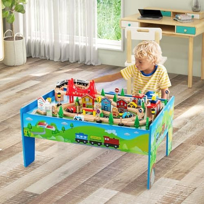 GLACER Train Table, 80 Pieces Wooden Toy Activity Table with Reversible Top