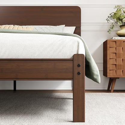 BOSRII 14" Queen Size Bamboo Wood Platform Bed Frame with Headboard, Walnut