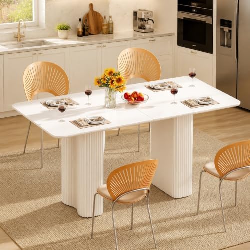 DWVO Cream White Dining Table 63" for 4-6, Rounded Corners, Fluted Base