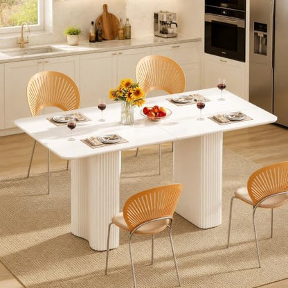DWVO Cream White Dining Table 63" for 4-6, Rounded Corners, Fluted Base