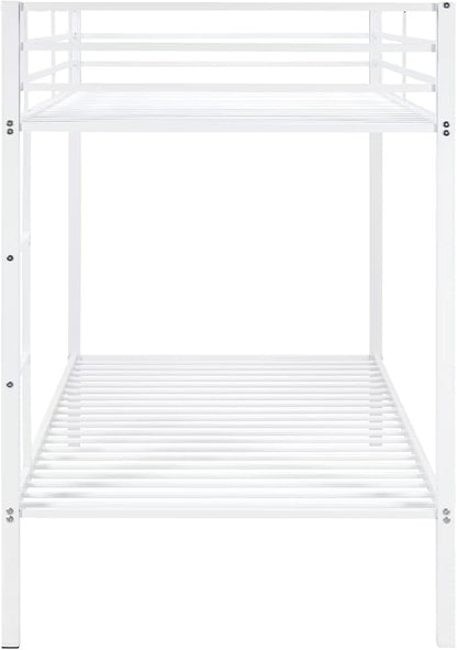 Bunk Bed Twin Over Twin, Metal Bunk Bed Frame, Metal Bunkbeds with Built-in Ladder, High Guardrail and Slats, No Box Spring Needed, Space Saving, Noise Free (White)