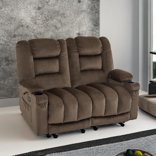MCombo 55.9" Zero Gravity Power Loveseat Recliner with Heat and Vibration Massage, Reclining Loveseat Sofa with USB Ports, Cup Holders for Living Room, Fabric PR648SET (Dark Brown)