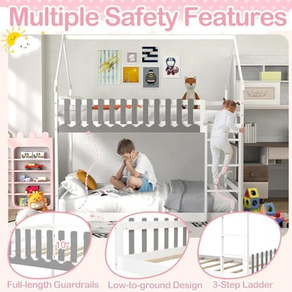 KOMFOTT Wood Twin Over Twin House Bunk Bed, Solid Wood Low Bunk Bed Frame with Ladder, Safety Guardrails & Fences, Space-Saving House Bunk Bed Frame for Teens, Juniors, No Box Spring Needed (White)