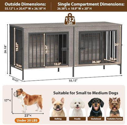 EasyCom 55" Wooden Double Dog Crate Furniture, Oak Grey (DC102)