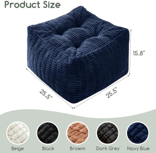 HIGOGOGO Square Stuffed Pouf Ottoman, Blended Corduroy Poufs with Foam Chunk Filling, 25.6 x 25.6 Inches Floor Poufs Foot Rest for Living Room, Navy
