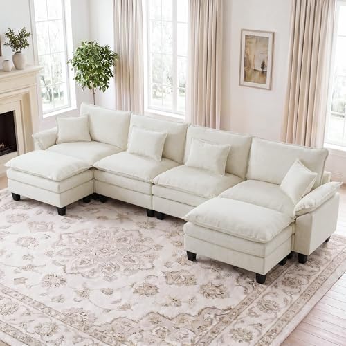 IPKIG 154" Modular Sectional Sofa, Chenille U-Shaped Sectional Couch Comfy Upholstered 4-Seat Sofa with 2 Ottoman, 4 Lumbar Pillow, Deep Seat Cloud Couch Sofa for Living Room, Beige White