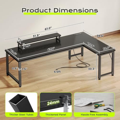 PRAISUN 61" L Shaped Computer Desk, Power Outlets, Monitor Stand, Black