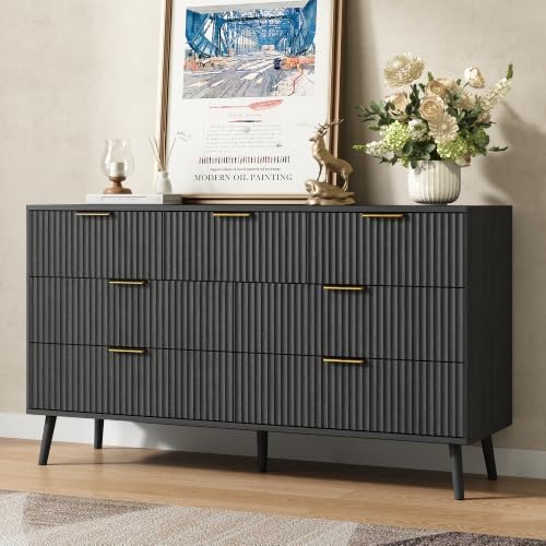 CARPETNAL Fluted 7 Drawer Dresser for Bedroom, 55" Wide Wooden Chest of Drawers with Rounded Corners, Gold Handles, Modern Storage Organizer for Bedroom, Hallway(Black)