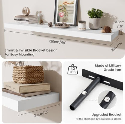 10 Inch Deep Shelves, Floating Shelves for Wall 48 Inches Long, Wood Floating Shelves for Wall, Large Storage Shelves Wall Mount for Living Room Bedroom, White, Set of 1