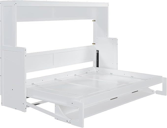 Virubi Full Horizontal Murphy Bed with Desk,Solid Wood Folding Hideaway Murphy Wall Bed for Adult,Guest Room (White,Full)