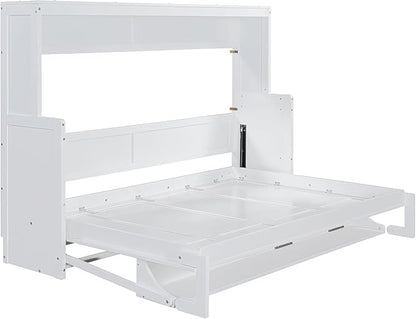 Virubi Full Horizontal Murphy Bed with Desk,Solid Wood Folding Hideaway Murphy Wall Bed for Adult,Guest Room (White,Full)