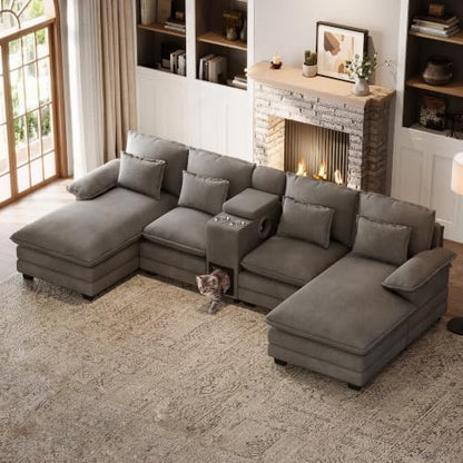 130" U Shaped Cloud Couch with Cat House,2 Chaise,Sensor Light, Stone Grey