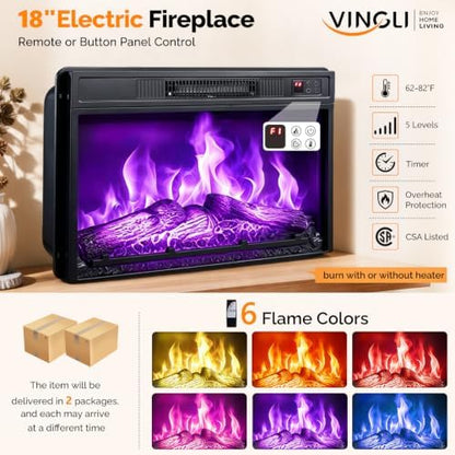 VINGLI Fireplace TV Stand for up to 70 inch TVs, Farmhouse Entertainment Center with Electric Fireplace Heater & Adjustable Shelves, Fireplace Media Console Table for Living Room, Rustic Brown
