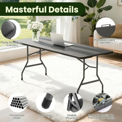 8FT Black Plastic Folding Table Set with 10 White PU Padded Chairs