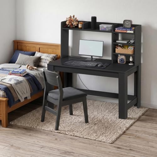 WINAZ 43" Black Gaming Desk with Hutch and Built-in Power Outlet