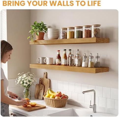 Floating Shelves for Wall, 48" x 9.3" Solid Pine Wood Wall Shelf, Wall Mounted Display Shelf with Invisible Heavy-Duty Metal Bracket, Home Decor for Bedroom, Kitchen, Living Room, Oak, 1 Pack