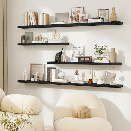 Dreamland 72Inch Floating Shelves for Wall, Rustic Wooden Black Floating Shelves for Living Room, Kitchen, Farmhouse, Deep Wall Mounted Book Shelf, Wood Storage Display Shelf for Home Decor, Set of 2