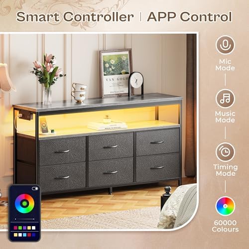 Huuger LED TV Stand for Bedroom, 47 Inch Dresser TV Stand for 43, 50, 55 Inch TV, Grey Black TV Stand with Storage, Entertainment Center with Power Outlets, 6 Drawer Fabric Dresser for Living Room