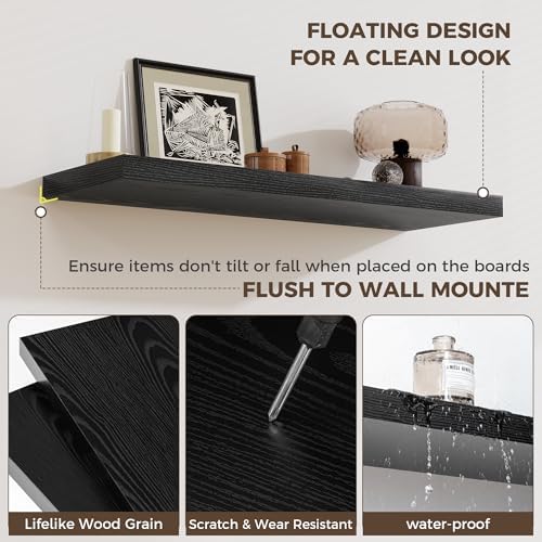 24 x 12 Inch Deep Floating Shelves, 12 Inch Deep Rustic Wooden Book Shelf, Extra Deeper & Thicker Hanging Shelves for Living Room, Bathroom, Bedroom, Kitchen, Office, Set of 2 (Black)