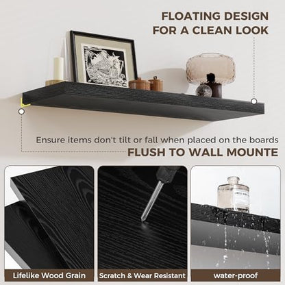 24 x 12 Inch Deep Floating Shelves, 12 Inch Deep Rustic Wooden Book Shelf, Extra Deeper & Thicker Hanging Shelves for Living Room, Bathroom, Bedroom, Kitchen, Office, Set of 2 (Black)