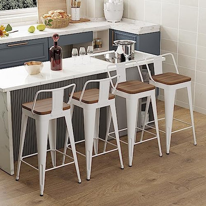 WENTMENT Metal Bar Stools Set of 4 Counter Height Bar Stools Barstools with Removable Back 24" Kitchen Bar Stools with Wooden Seat,Off White