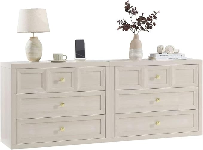 3-Piece Bedroom Set, 5 Drawer Tall Dresser and 3 Drawer King Size Nightstands Set of 2 with Charging Station, 3 Piece Farmhouse Wood Bedroom Dresser and Nightstand Sets, Grey White