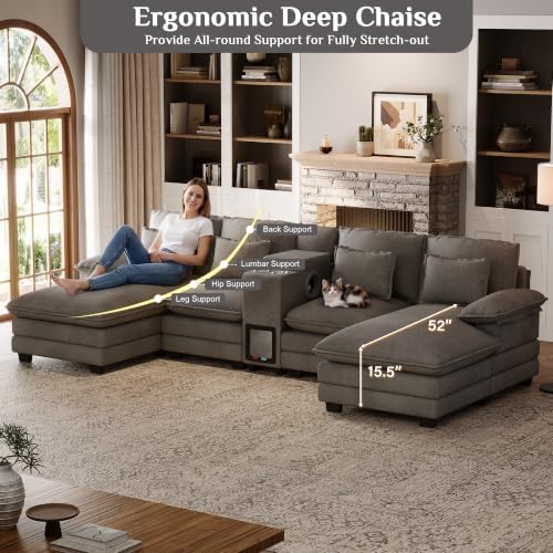 130" U Shaped Cloud Couch with Cat House,2 Chaise,Sensor Light, Stone Grey