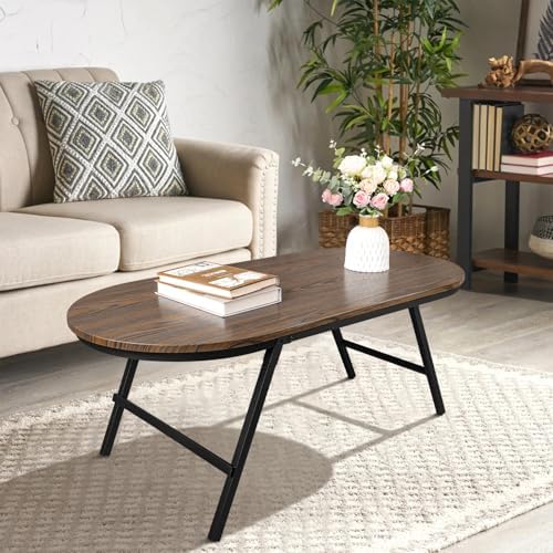 Foldable Coffee Table Oval Small Coffee Tables with Metal Legs Floor Table Desk for Sitting on the Floor Low Coffee Table for Small Spaces Living Room Outdoor Use Dark Brown