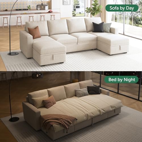 HONBAY Modular Sectional Sleeper Sofa Bed, Sectional Couch with Pull Out Bed U Shaped Modular Couch with Storage Ottoman for Living Room, Beige