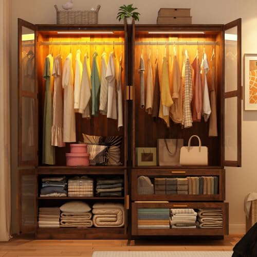 Armoire Wardrobe Closet with Sensor LED Light and Mirror（3 Doors Walnut）